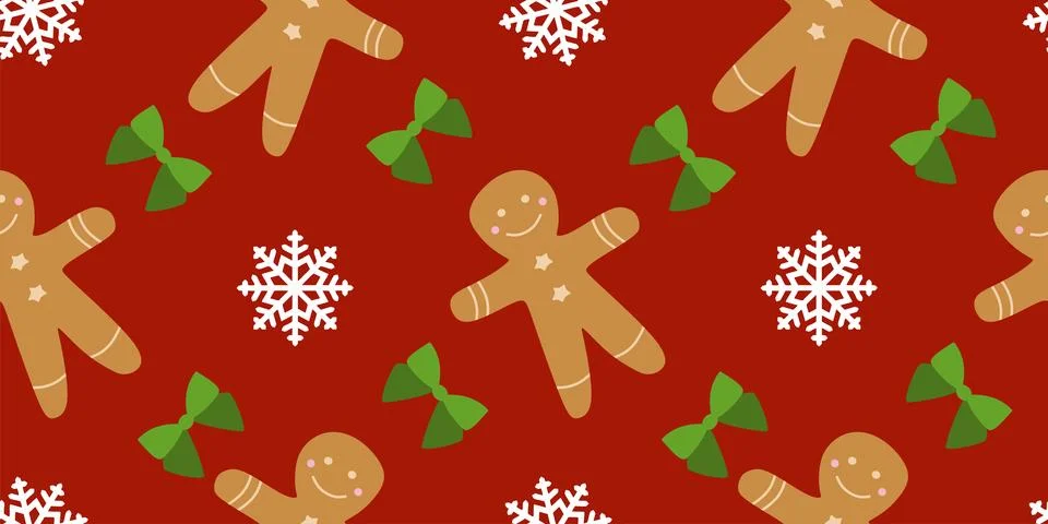 Christmas Seamless pattern with Gingerbread men on red background with Snowfl Stock Illustration