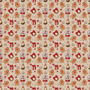 Christmas Seamless Pattern With Gingerbread Men, Gifts, Bows And Snowflakes Stock Illustration