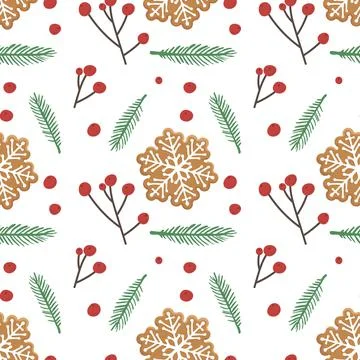 Christmas Seamless pattern with gingerbread snowflake shape cookies, spruce twig 스톡 일러스트