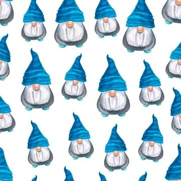 Christmas seamless pattern of gnome in blue hat with big nose and beard Stock Illustration