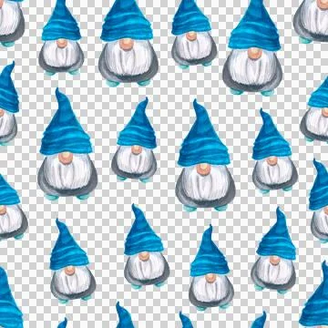 Christmas seamless pattern of gnome in blue hat with beard, watercolor Ilustração Stock