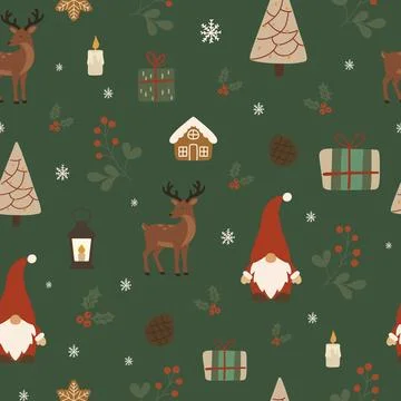 Christmas seamless pattern with gnomes, deer, and holiday elements Stock Illustration