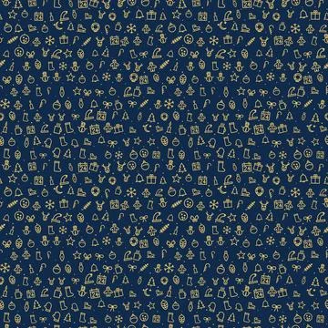 Christmas seamless pattern, gold line icons on navy blue background Stockillustratie