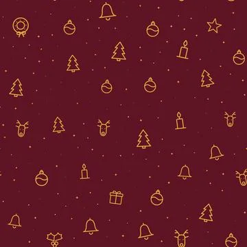 Christmas seamless pattern with gold line icons of tree, bell, bauble, candle, Stock Illustration