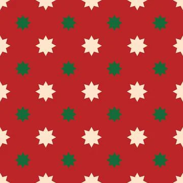 Christmas seamless pattern. Green and beige stars on a red backdrop. Simple Illustrazione stock