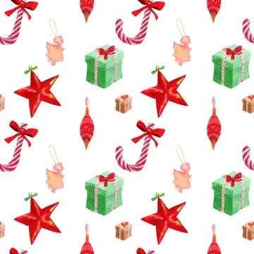 Christmas seamless pattern with green box and candy cane drawn watercolor Stock Illustration