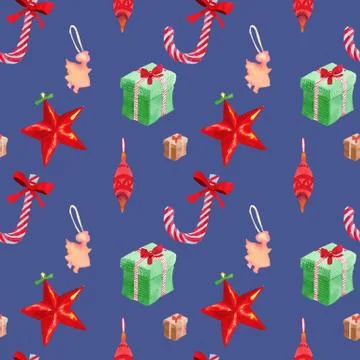 Christmas seamless pattern with green box and candy cane drawn watercolor Stock Illustration