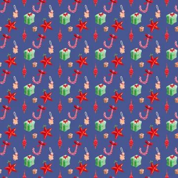 Christmas seamless pattern with green box and candy cane drawn watercolor Stock Illustration