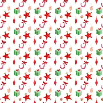 Christmas seamless pattern with green box and candy cane drawn watercolor Stock Illustration