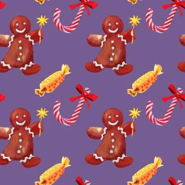 Christmas seamless pattern with green box and candy cane drawn watercolor Stock Illustration