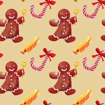 Christmas seamless pattern with green box and candy cane drawn watercolor Stock Illustration