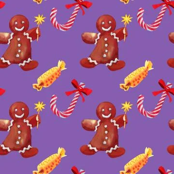 Christmas seamless pattern with green box and candy cane drawn watercolor Stock Illustration
