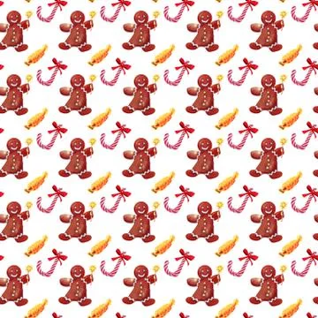 Christmas seamless pattern with green box and candy cane drawn watercolor Stock Illustration