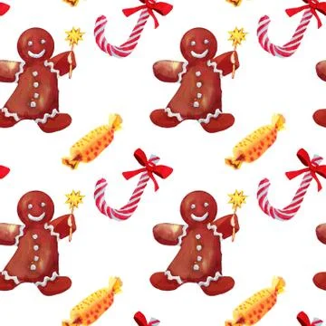 Christmas seamless pattern with green box and candy cane drawn watercolor Stock Illustration