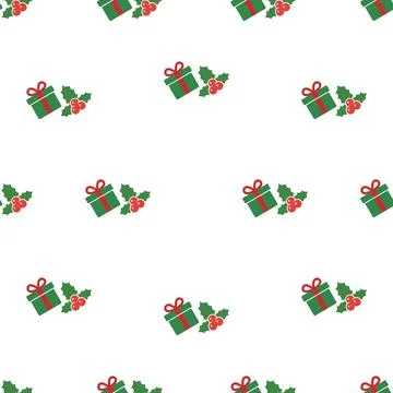 Christmas seamless pattern with green gifts and holly berries. イラスト素材