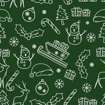 Christmas Seamless Pattern in Green with Hand-Drawn Doodle Elements - Vecto.. Stock Illustration