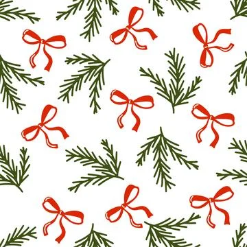 Christmas seamless pattern with green pine branches and red bows on white Illustrazione stock