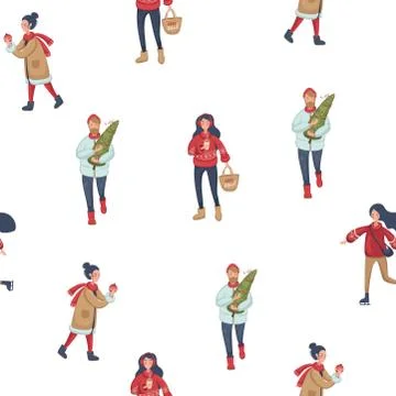 Christmas seamless pattern with green tree, snowflakes, peoples. Vector Stock Illustration