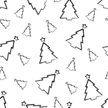 Christmas seamless pattern. hand-drawn charcoal black outline christmas trees Stock Illustration