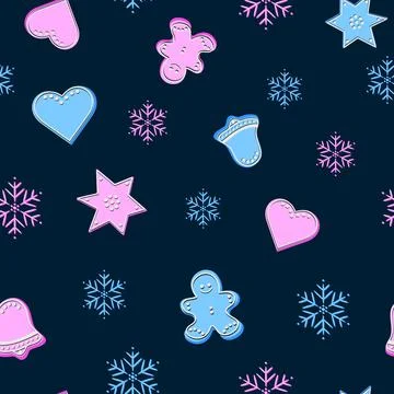 Christmas seamless pattern with hand drawn snowflakes and gingerbread. Stock Illustration