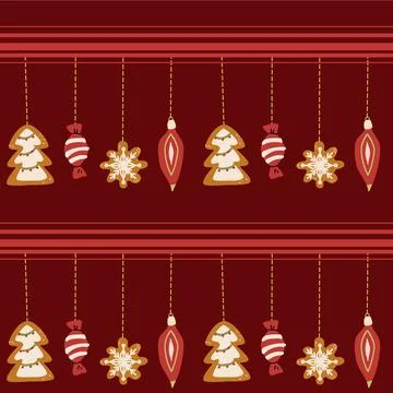 Christmas seamless pattern with hanging tree ornaments, candy and gingerbread Stock Illustration