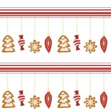 Christmas seamless pattern with hanging whimsical candy, colorful tree ornaments Stock Illustration