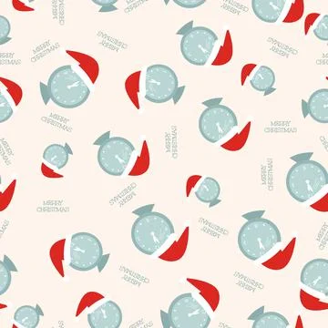 Christmas Seamless Pattern. Happy Winter Holiday Wallpaper with clocks and Santa Stock-Illustration