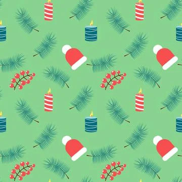 Christmas seamless pattern with hat, candles, berries and pine branch. Festiv Stock Illustration