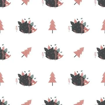 Christmas seamless pattern with hedgehogs. Great for fabric, textile, wrapping Stock Illustration