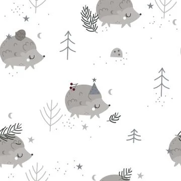 Christmas seamless pattern with hedgehogs. Stock Illustration
