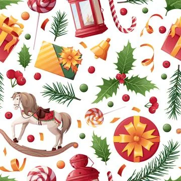 Christmas seamless pattern with holiday decor on a white background. Christma Stock Illustration