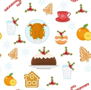 Christmas seamless pattern with holiday food. Xmas repeating texture, endless Illustrazione stock