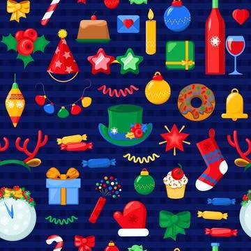 Christmas Seamless Pattern with Holiday Objects and Treats Stock Illustration