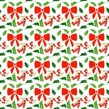 Christmas seamless pattern with holly and bow. Stock Illustration
