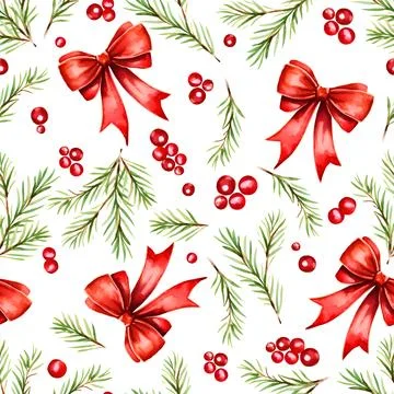 Christmas seamless pattern. Holly berries, fir branch and red bows. Stock Illustration