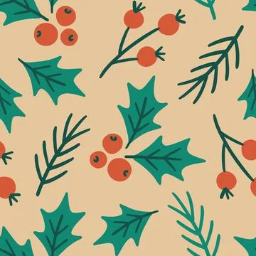 Christmas seamless pattern with holly berry Stock Illustration