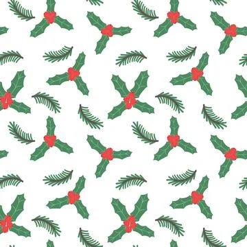 Christmas seamless pattern of holly branch and berries. New year festive back Stock Illustration