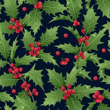 Christmas seamless pattern with holly branches on a dark background. Christma Stock Illustration