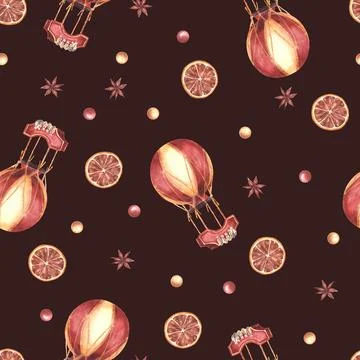 Christmas seamless pattern with hot air balloon, anise star, orange slices and Illustrazione stock