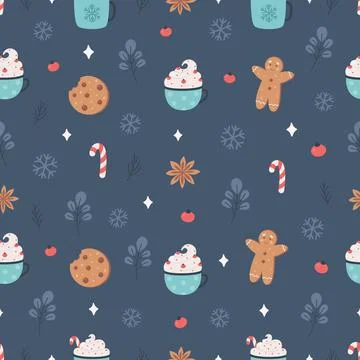 Christmas seamless pattern with hot drinks, cookies, lollipop, cinnamon. Stockillustratie