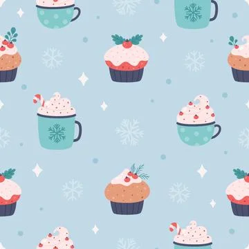 Christmas seamless pattern with hot drinks, cupcakes, snowflakes. 스톡 일러스트