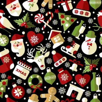 Christmas seamless pattern of icons on black background in flat style. イラスト素材