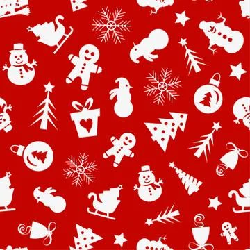 Christmas seamless pattern of icons on red background in flat style. Vector Stockillustratie