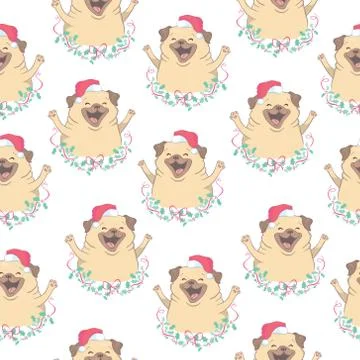 Christmas seamless pattern with the image of little cute puppies in the hat of Stock Illustration