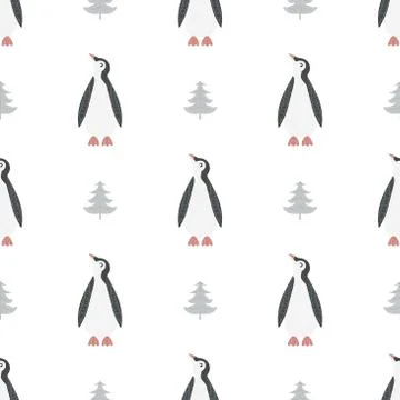 Christmas seamless pattern with the image of a penguin in Scandinavian style Illustrazione stock