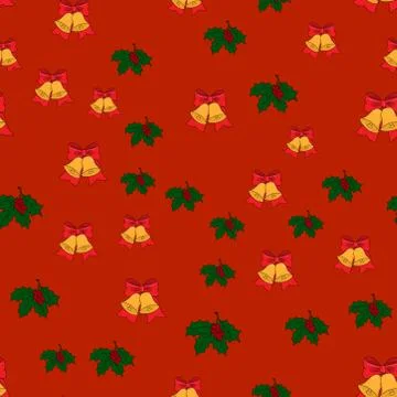 Christmas seamless pattern with jingle bells, and holly leaves on red backgro Stock Illustration