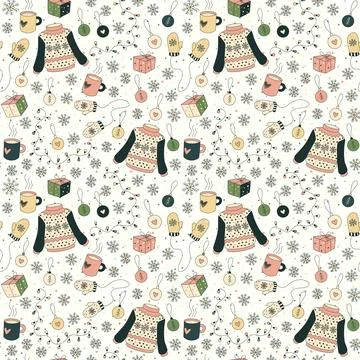Christmas seamless pattern with knitted sweaters, mittens, cozy winter vibes Stock Illustration