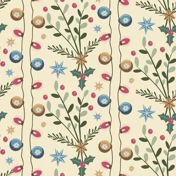 Christmas seamless pattern with lights and plants Stock Illustration