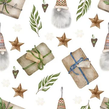 Christmas seamless pattern. lights,pine cone, firry. Watercolor illustration. Stock Illustration