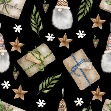 Christmas seamless pattern. lights,pine cone, firry. Watercolor illustration. Stock Illustration